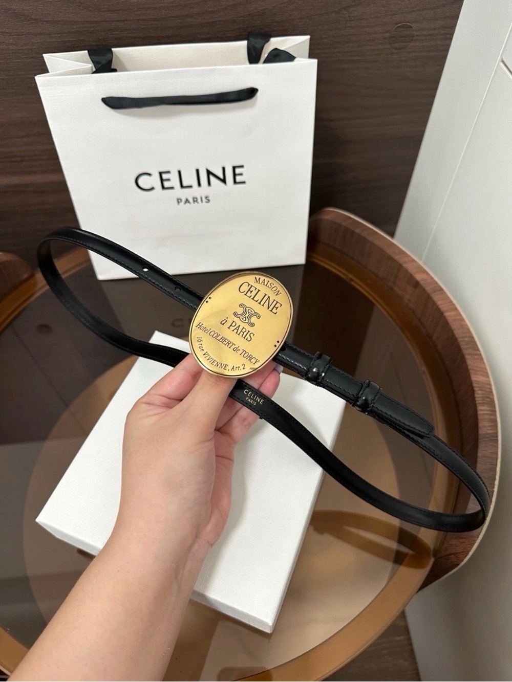 Celine Black Leather Belt with Gold Maison Medallion - Picture 4 of 6
